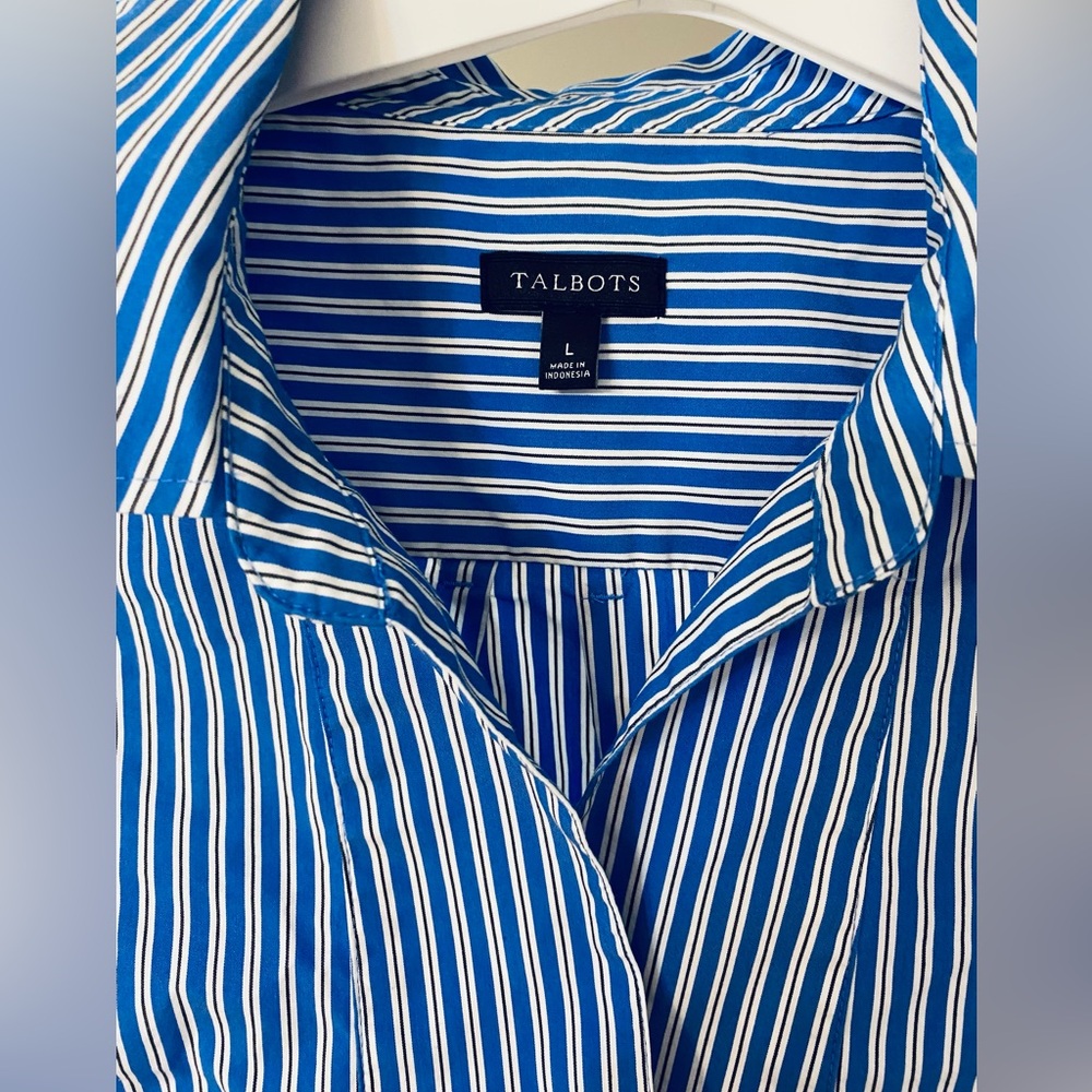 Talbots Blue Striped V-Neck Pullover Tunic. Size L Cotton,Collar & Bow cuffs New - Picture 2 of 16